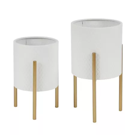 LuxenHome Assorted Round Metal Plant Pots with Brackets White/Gold Pack of 2 Planters