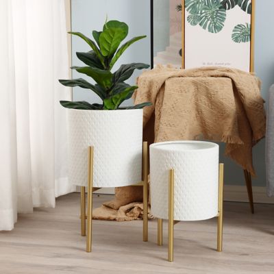 Image showing  Assorted Metal Round Cachepot Planters with Stands, White/Gold, 2-Pack