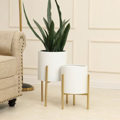 Image showing  Assorted Metal Round Cachepot Planters with Stands, White/Gold, 2-Pack