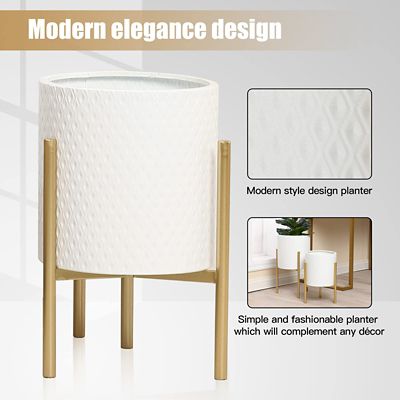 Image showing 8 th LuxenHome Assorted Metal Round Cachepot Planters with Stands, White/Gold, 2-Pack