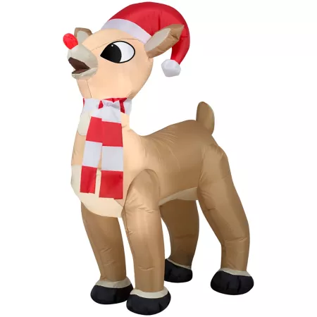 33.86" Airblown Gemmy Rudolph Standing with Santa Hat and Scarf Christmas Ornament Christmas Inflatables