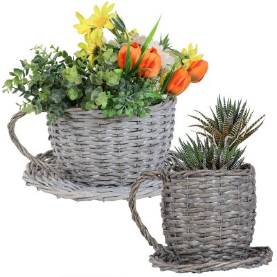 Sunnydaze Decor 1.2 gal. and 0.39 gal. Wicker Rattan Coffee Cup Planters, 2-Pack