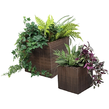 Sunnydaze Decor 11.9 gal. and 5.8 gal. Polyrattan Square Indoor Planter Set, Includes 1 Large/1 Small Planter, Brown
