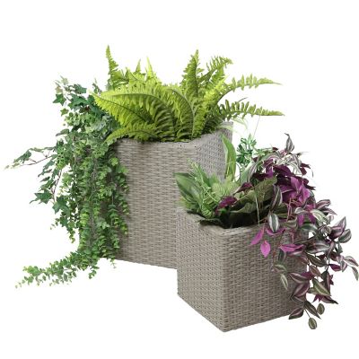 Sunnydaze Decor 11.9 gal. and 5.8 gal. Polyrattan Square Indoor Planter Set, Includes 1 Large/1 Small Planter, Gray