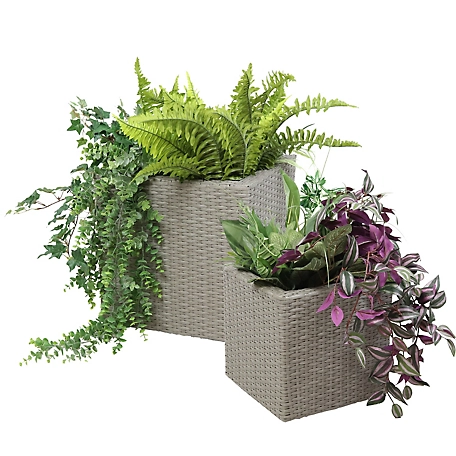 Sunnydaze Decor 11.9 gal. and 5.8 gal. Polyrattan Square Indoor Planter Set, Includes 1 Large/1 Small Planter, Gray