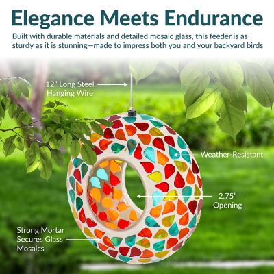Image showing  Outdoor Garden Patio Round Glass with Confetti Mosaic Design Hanging Fly-Through Bird Feeder, 6.5 in.