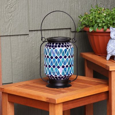 Image showing  Cool Blue Mosaic Glass Solar LED Lantern - 8.5 in.