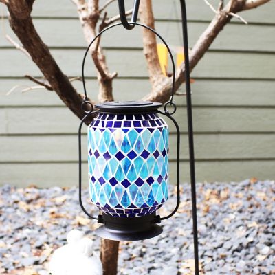 Image showing  Cool Blue Mosaic Glass Solar LED Lantern - 8.5 in.