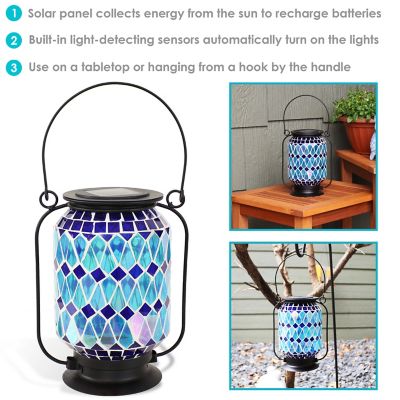 Image showing  Cool Blue Mosaic Glass Solar LED Lantern - 8.5 in.