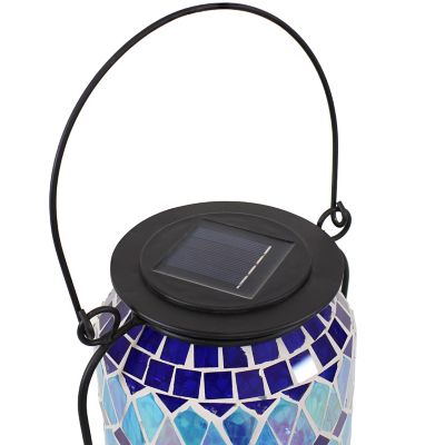 Image showing  Cool Blue Mosaic Glass Solar LED Lantern - 8.5 in.