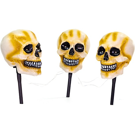 Haunted Hill Farm 3 pc. Talking Skull Lawn Stakes with Flashing Eyes and Sounds, HHSKEL-1STL