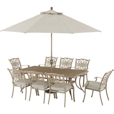 Hanover Traditions 9 pc. Dining Set with 8 Stationary Chairs and 42 in. x 84 in. Table, 11 ft. Umbrella, and Stand, Sand Finish -  840148718289