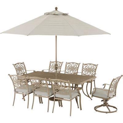 Hanover Traditions 9 pc. Set with 6 Dining Chairs, 2 Swivel Rockers, 42-In. x 84-In. Table, 11-Ft. Umbrella, and Stand -  840148718302