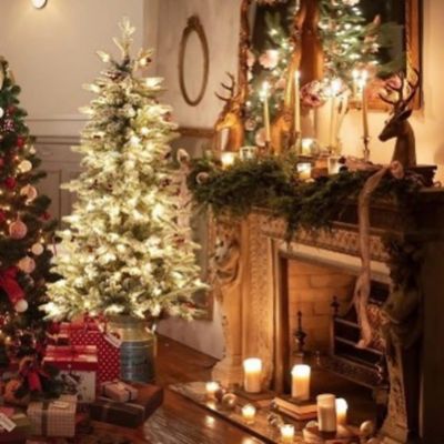 Image showing  5 ft. Pre-Lit Flocked Artificial Christmas Tree with Metal Pot