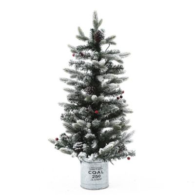 LuxenHome 3 ft. Pre-Lit Flocked Porch Artificial Christmas Tree with Holiday Trimming and Metal Base