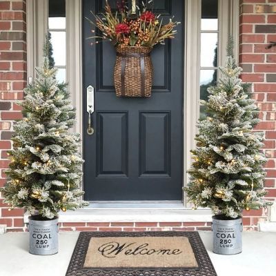 Image showing  3 ft. Pre-Lit Flocked Porch Artificial Christmas Tree with Metal Pot