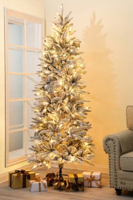 LuxenHome 7 ft. Pre-Lit Flocked Artificial Christmas Tree with Metal Stand, Clear Lights