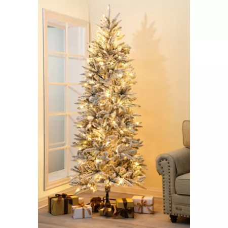 LuxenHome 7' Pre-Lit Clear LED Flocked Artificial Christmas Tree with Metal Stand Artificial Plants & Flowers