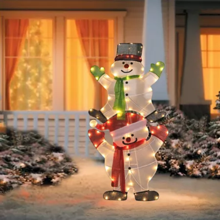 LuxenHomeWHHD1414 Lighted Stacked Snowman Yard Decor Christmas Statues