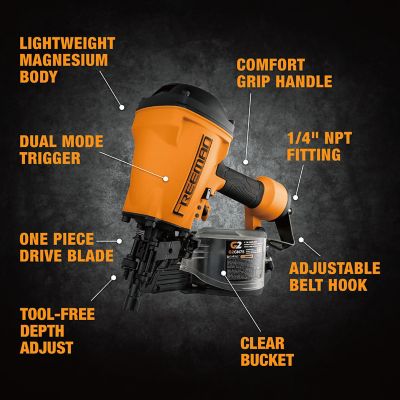 Image showing 6 th Freeman 2nd Generation Pneumatic 15 Degree 3 in. Coil Framing Nailer, Adjustable Metal Belt Hook and 1/4 in. NPT Air Connector
