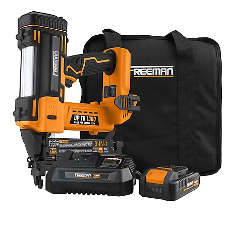 Freeman 20V Cordless 3-in-1 16 and 18 Gauge Nailer / Stapler Kit with Battery, Charger, Bag and Fasteners - 1300 Shots / Charge