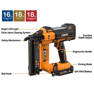 Image showing 5 th Freeman 16/18 ga. 2 in. 20 V Cordless 3-in-1 Nailer/Stapler Kit with Battery, Charger, Bag and Fasteners, 1,300 Shots/Charge