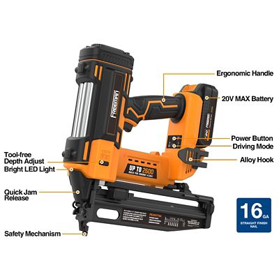 Image showing 5 th Freeman 16 ga. 2-1/2 in. 20 V Cordless Finish Nailer Kit with Battery, Charger, Bag and Nails, 200 ct., 1,300 Shots/Charge