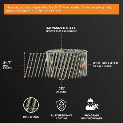 Image showing  2-1/4 in. 11 ga. 15 deg. Wire Collated Exterior Galvanized Ring Shank Coil Siding Nails, 3,600 ct.