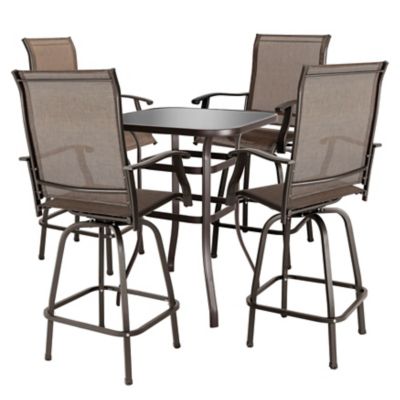 Image showing  5 pc. Outdoor Swivel Bar Set with 52 in. Table and 4 Stools, Black/Brown