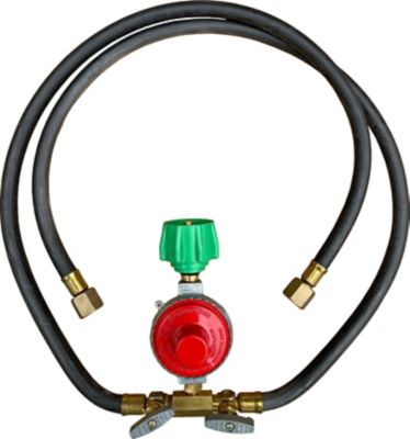 King Kooker High Pressure Regulator with Type 1 Connection, Manual Valves and 2 Hoses, 3/8 in. Female Flare