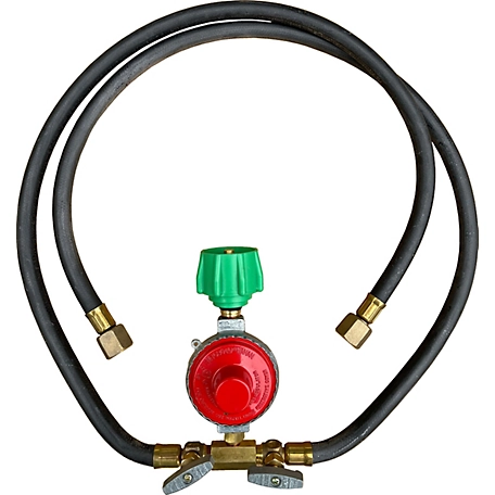 King Kooker High Pressure Regulator with Type 1 Connection, Manual Valves and 2 Hoses, 3/8 in. Female Flare