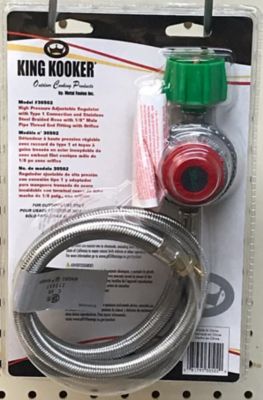 King Kooker High Pressure Adjustable Regulator with Type 1 Connection, Stainless Steel Braided Hose, 1/8 in. Male Pipe Thread