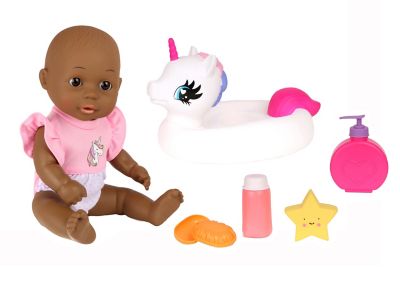 Dream Collection 12 in. Bath Time Toy Baby Doll with Unicorn Floatie in Gift Box, African American