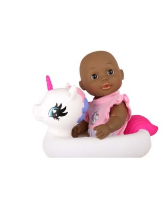 Image showing  12 in. Bath Time Toy Baby Doll with Unicorn Floatie in Gift Box, African American
