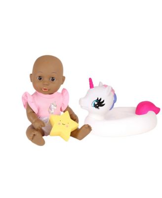 Image showing  12 in. Bath Time Toy Baby Doll with Unicorn Floatie in Gift Box, African American