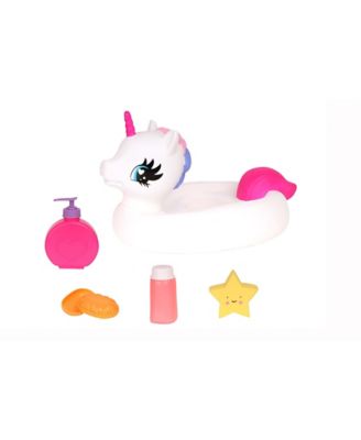 Image showing  12 in. Bath Time Toy Baby Doll with Unicorn Floatie in Gift Box, African American