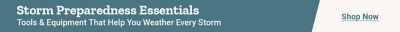 Tractor Supply Co. banner reading Storm Preparedness Essentials. Subtext promotes tools and equipment that help you weather every storm with a Shop Now link on the right.