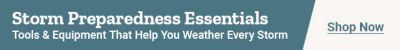 Tractor Supply Co. banner reading Storm Preparedness Essentials. Subtext promotes tools and equipment that help you weather every storm with a Shop Now link on the right.