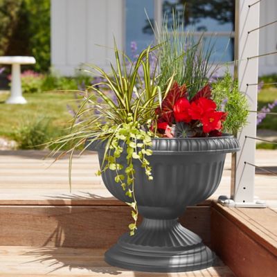 Image showing  1.5 gal. Plastic Grecian Urn Planter, 12 in., Charcoal Gray