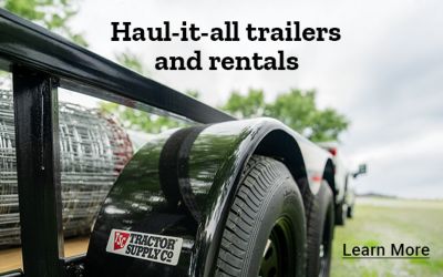 Promotional banner for Carry On trailers and rentals. Text reads Haul it all trailers and rentals. Learn more. Image features a black Carry On utility trailer hitched to a pickup truck on green grass with trees in the background.