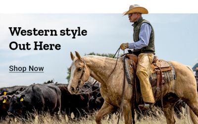 Promotional banner for western apparel and gear. Text reads Western style out here. Shop now. Image features a cowboy in a hat and vest riding a tan horse among a herd of black cattle under a blue sky with scattered clouds.