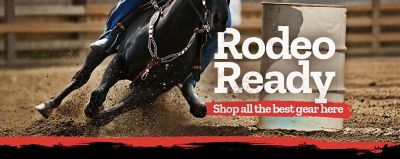 Promotional banner for rodeo gear sale. Text reads Rodeo Ready. Shop all the best gear here. Image features a close up of a rider on a galloping black horse turning around a barrel in a dirt rodeo arena.