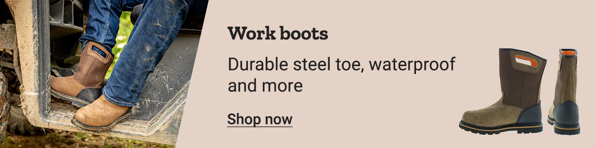 A split banner with a pair of work boots on the left and a closeup of a man’s feet in work boots on the right