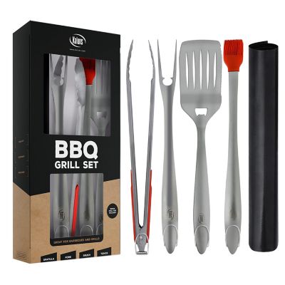 Kaluns 5 pc. Heavy-Duty Stainless Steel Grilling Set, Tongs, Fork, Spatula, Basting Brush and Grill Mat, XL Grilling Utensils