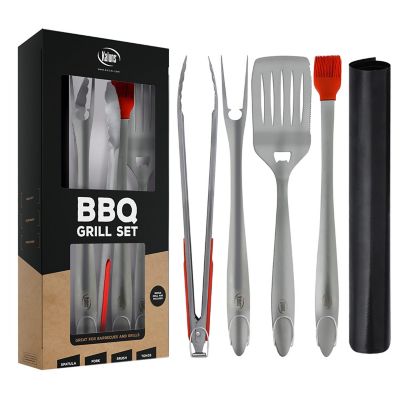 Kaluns Heavy-Duty Stainless Steel Grilling Set, 5 pc., Tongs, Fork, Spatula, Basting Brush and Grill Mat, XL Grilling Utensils