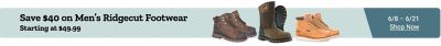 Tractor Supply Company promotion. Save 40 dollars on men's Ridgecut footwear starting at 49.99. Image shows several styles of Ridgecut work boots and waterproof boots. Offer valid June 8 through June 21. Shop Now.