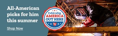 All American picks for him this summer. Shop now. Celebrating America out here. Person welding metal in a workshop with sparks visible.