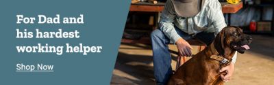 For dad and his hardest working helper. Shop now. A man kneels beside a brown dog in a workshop setting.