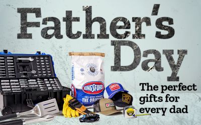 Father's Day. The perfect gifts for every dad. Tool set, drill, grill tools, gloves, hats, and Kingsford charcoal displayed on a gray background.
