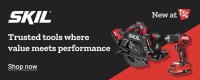 Tractor Supply Company promotion. New at TSC, SKIL power tools. Trusted tools where value meets performance. Image shows SKIL cordless circular saw and drill driver. Shop now.